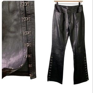 Harley Davidson Y2K Black Leather Bootcut Biker Pant Hook Eye Detail Zip Closure